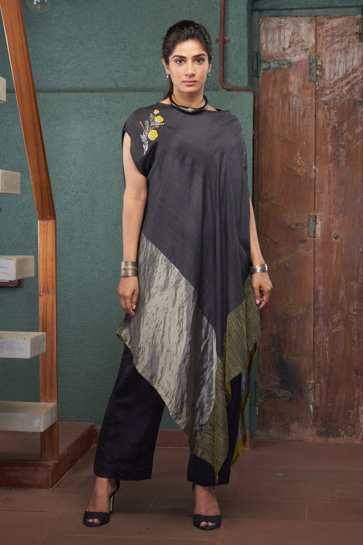 Charcoal Asymmetrical Silk Tussar Kurta with Linen Pants