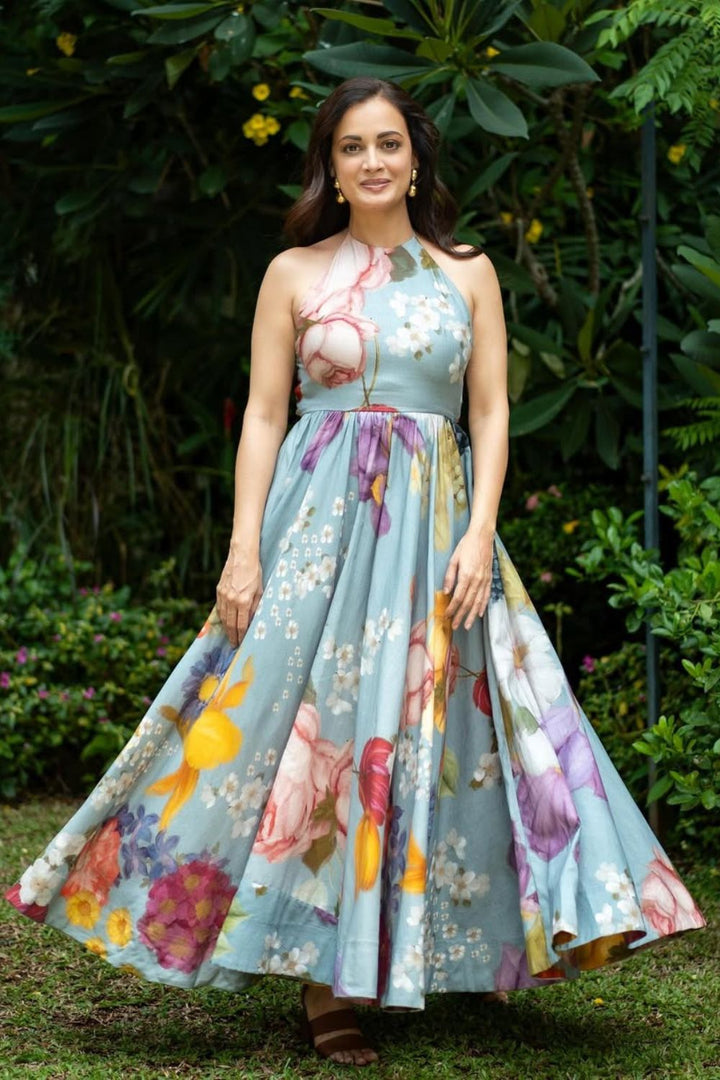 Dia Mirza In Our Indigo Rose Halter Neck Dress