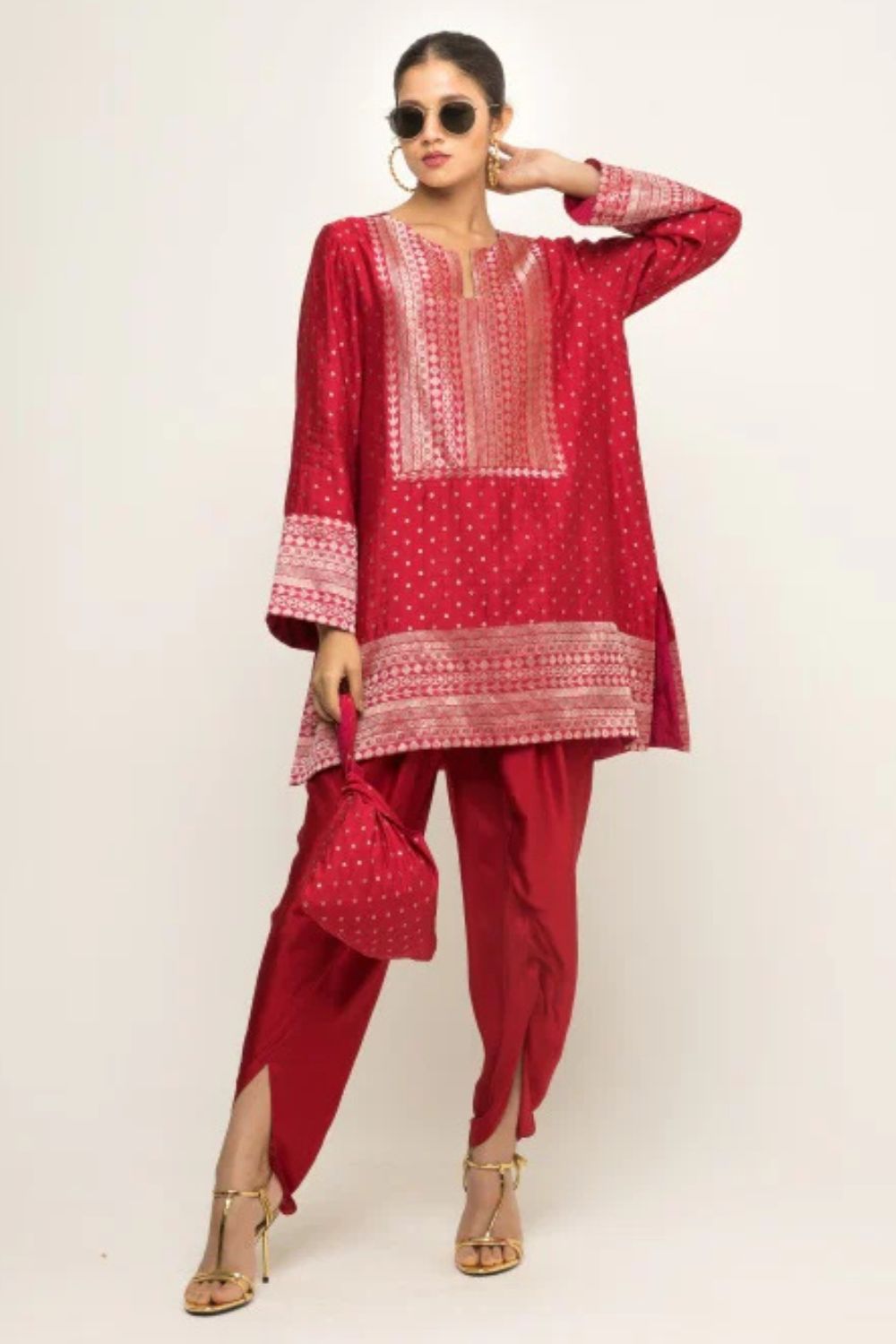 Tara-Dotted Brocade detail silk Kurta with Dhoti Set (Red)