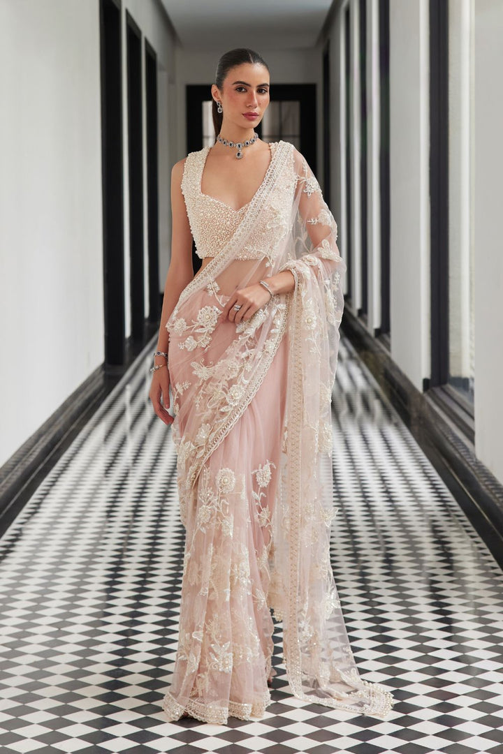 Pink Saree with Pearl Embellishment Blouse