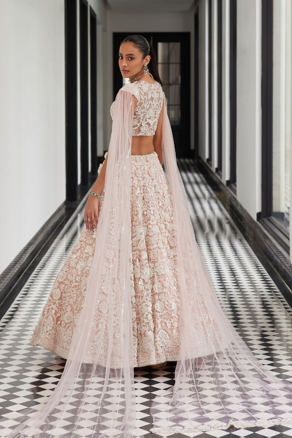 Pink Bridal Lehenga with a Veil Blouse