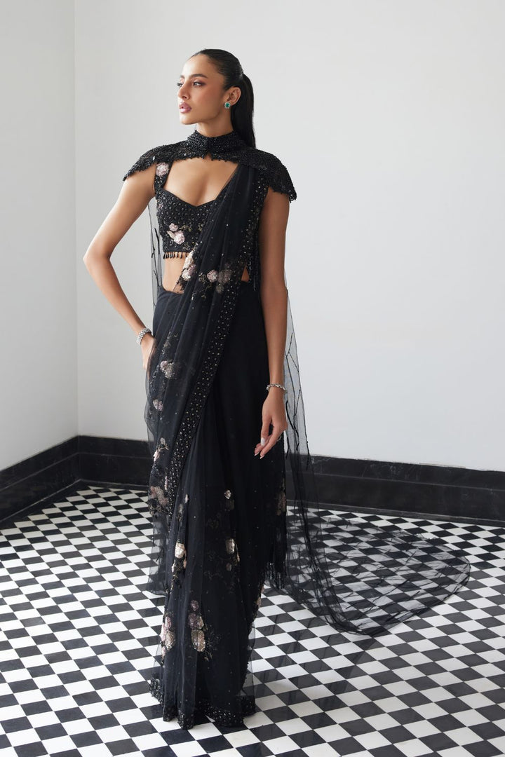 Black Patchworked Saree with a Veil