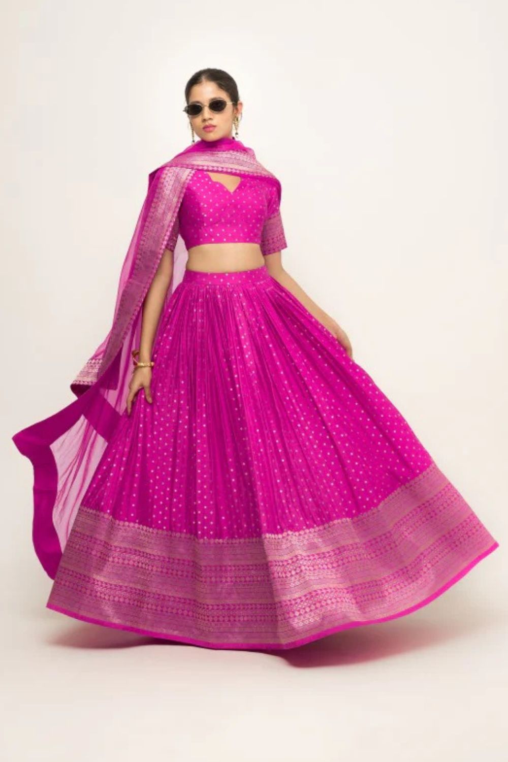 Fuschia Pink Dotted Brocade Lehenga set