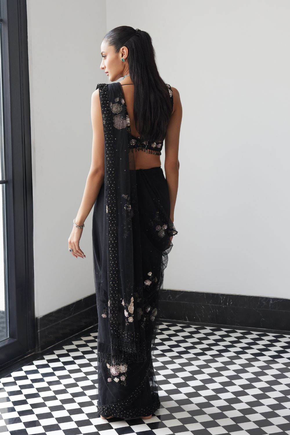 Black Patchworked Saree with a Veil