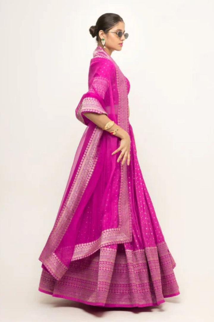 Fuschia Pink Dotted Brocade Lehenga set