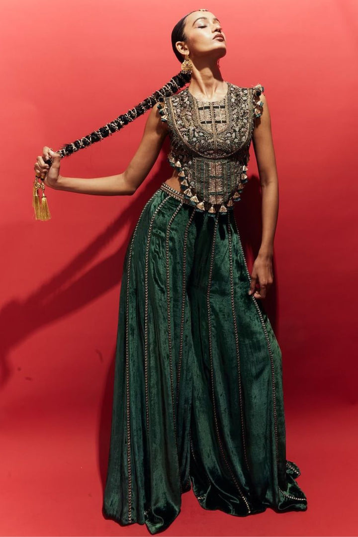 Benazir Emerald Green Embroidered Back Tie-Up Choli & Sharara Pant