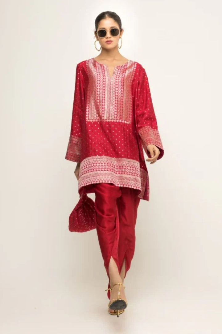 Tara-Dotted Brocade detail silk Kurta with Dhoti Set (Red)