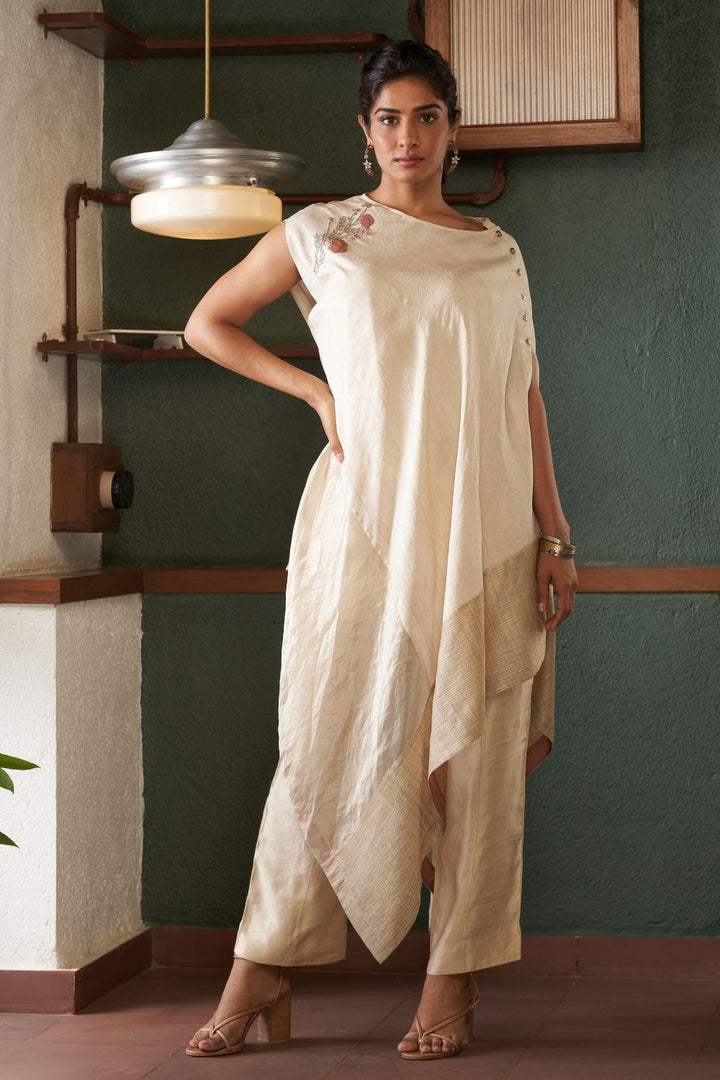 Natural Asymmetrical Silk Tussar Kurta with Linen Pants