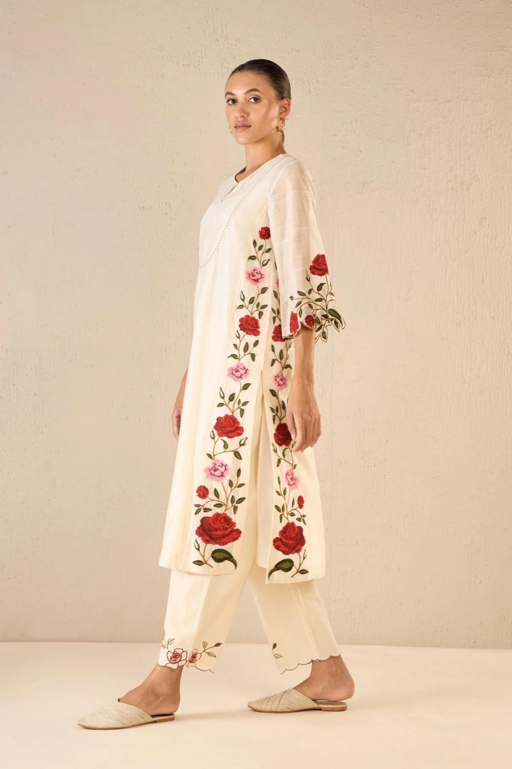 Rose Shine: Ivory Pink & Red Rose Embroidered Kali Kurta Set