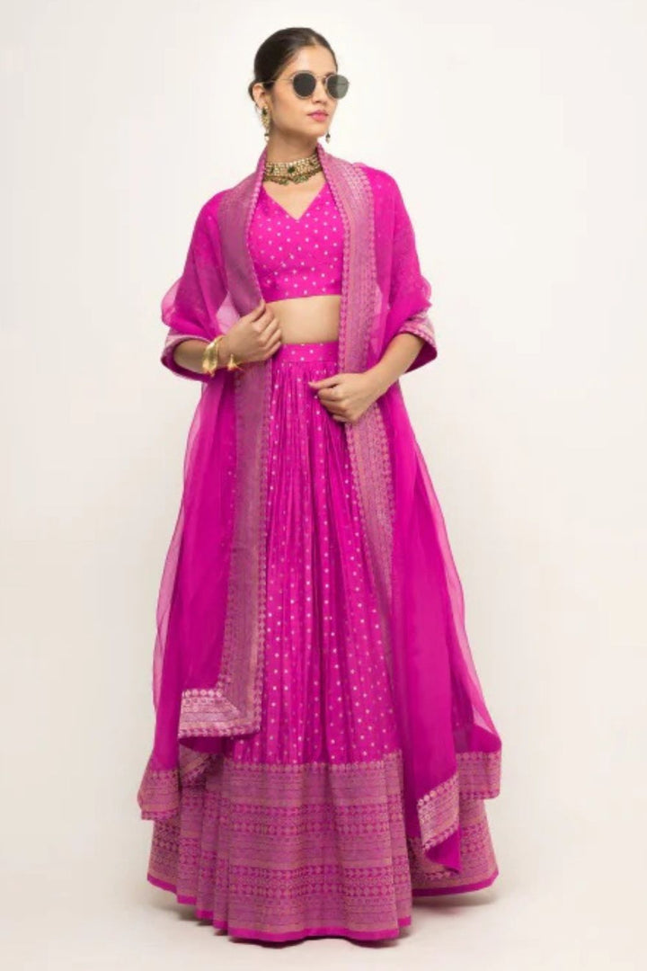 Fuschia Pink Dotted Brocade Lehenga set