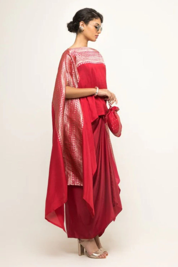 Devi-Statement Silk Cape with Brocade detail and Skirt set (Red)