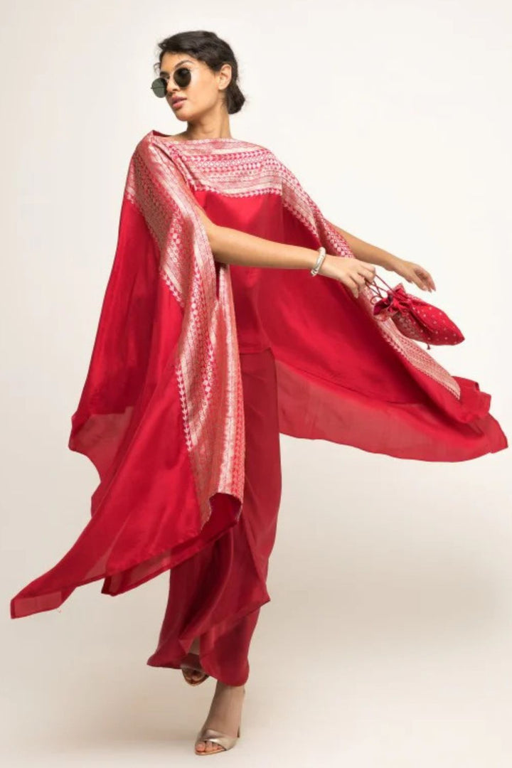 Devi-Statement Silk Cape with Brocade detail and Skirt set (Red)