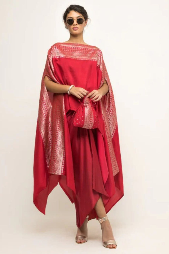 Devi-Statement Silk Cape with Brocade detail and Skirt set (Red)