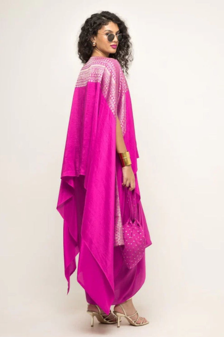 Devi-Statement Silk Cape with Brocade detail and Skirt set (Pink)