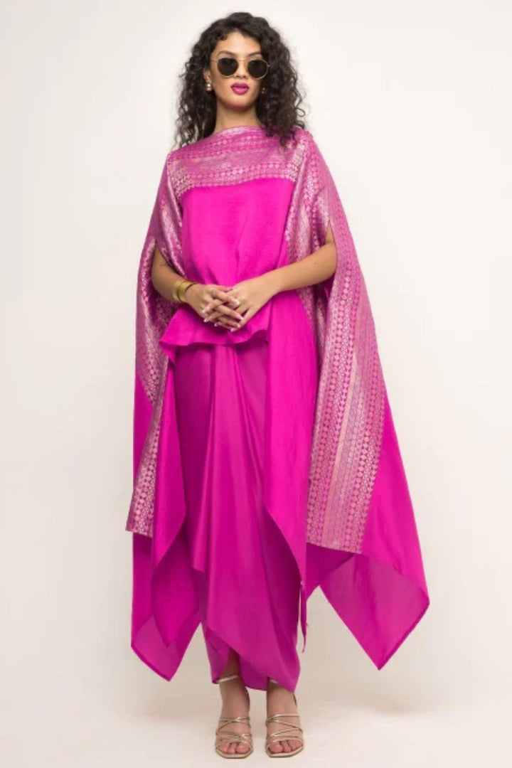 Devi-Statement Silk Cape with Brocade detail and Skirt set (Pink)