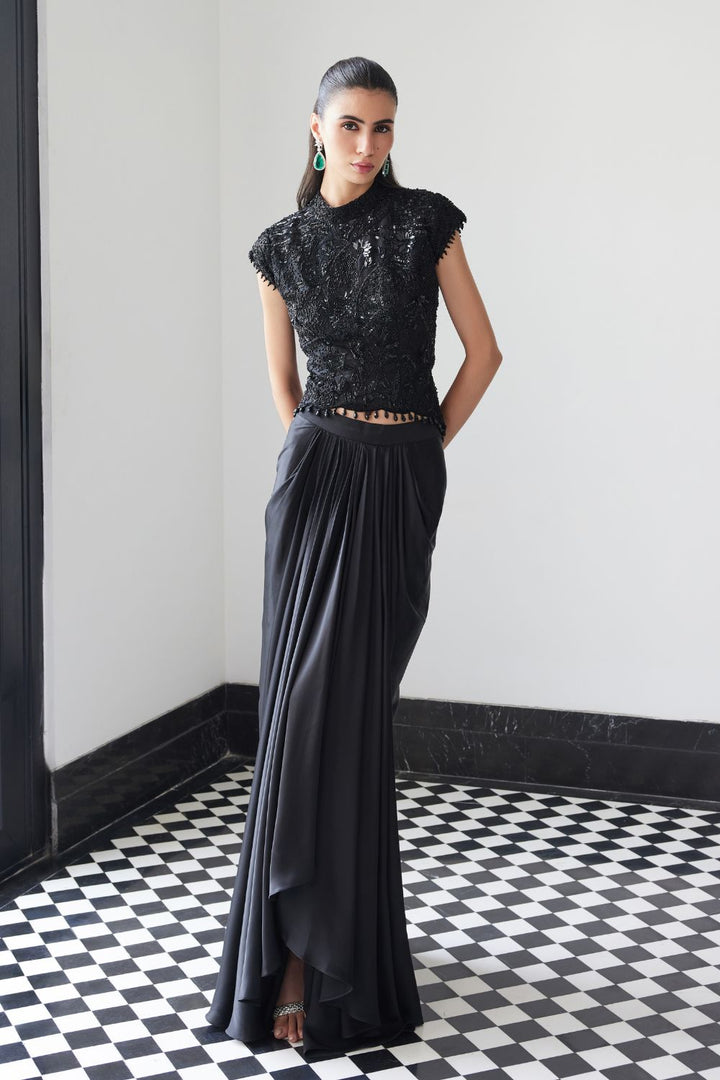 Black Self on Self Top with Drape Skirt