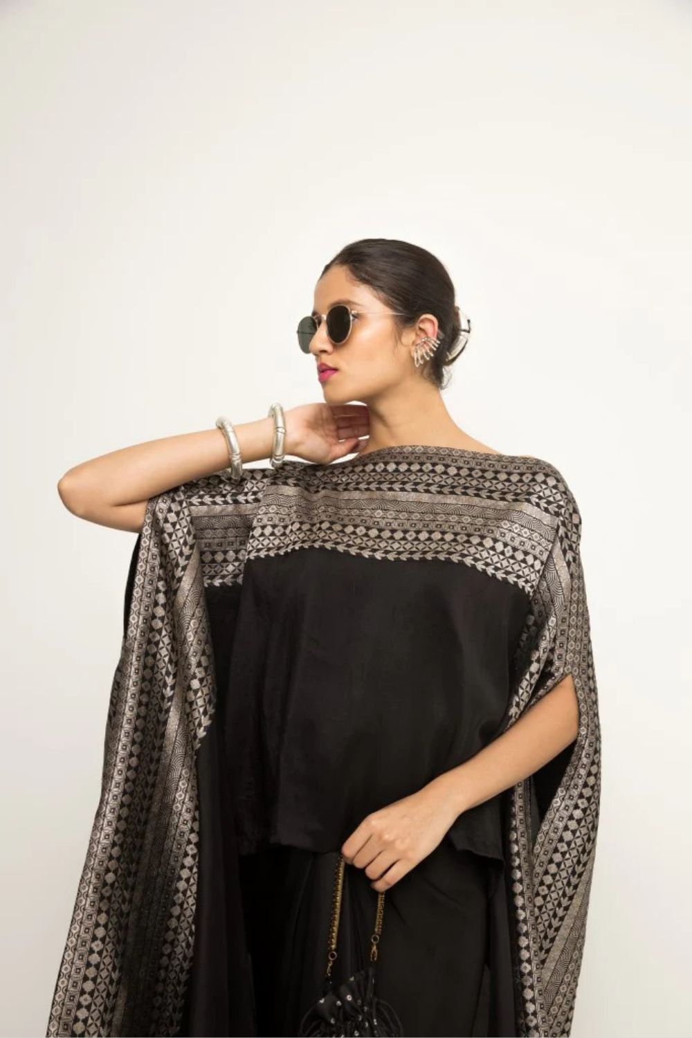 Devi-Statement Silk Cape with Brocade detail and Skirt set (Black)