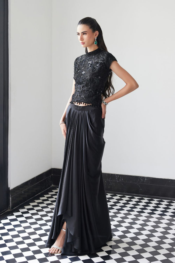 Black Self on Self Top with Drape Skirt