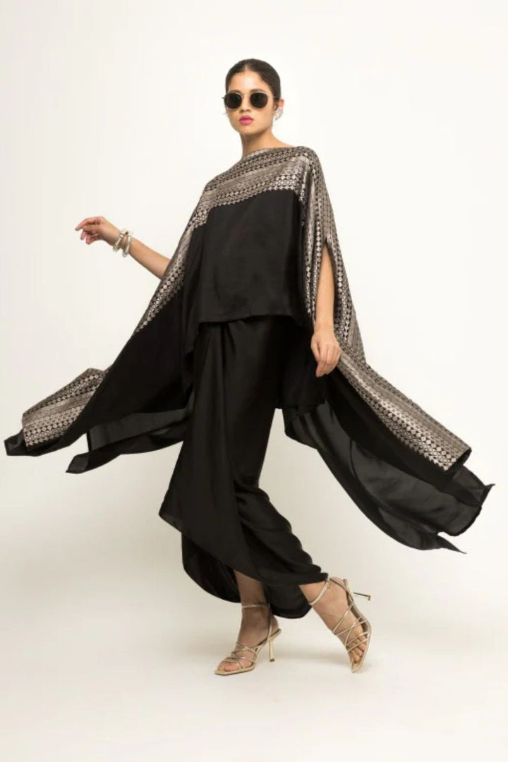 Devi-Statement Silk Cape with Brocade detail and Skirt set (Black)