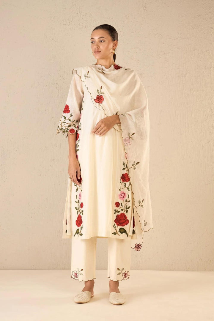 Rose Shine: Ivory Pink & Red Rose Embroidered Kali Kurta Set