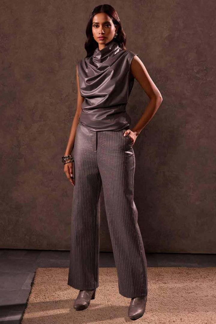 Grey Faux Leather  Straight Fit Trousers