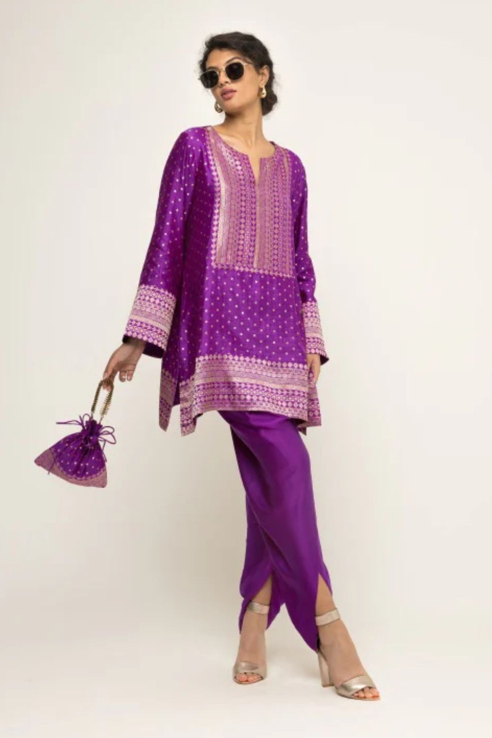 Tara-Dotted Brocade detail silk Kurta with Dhoti Set (Purple)