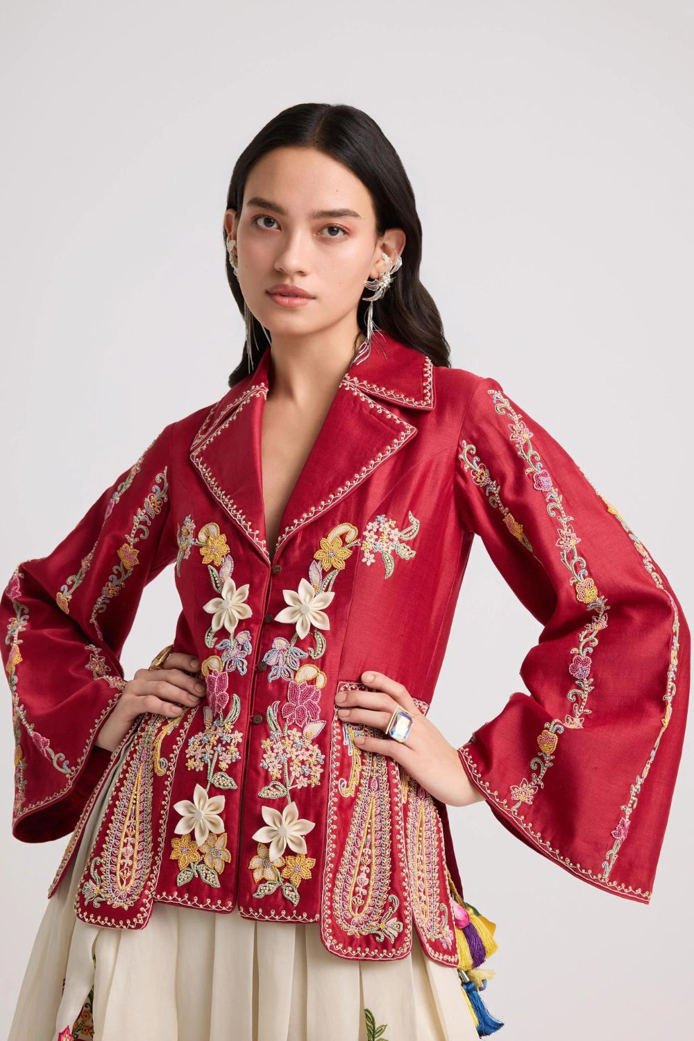 Red Contrast Cordwork and Beadwork Panelled Jacket