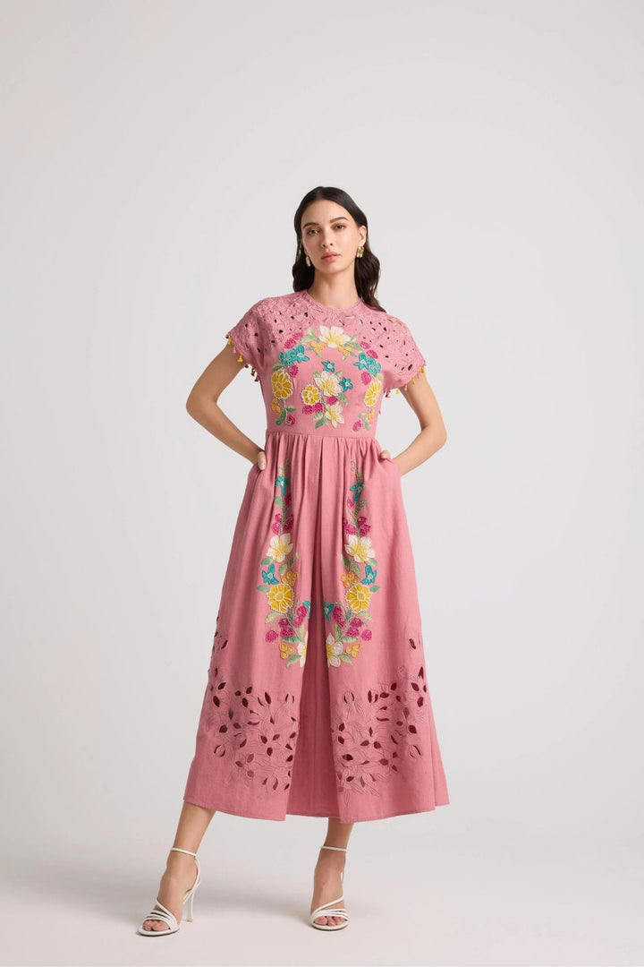 Blush Floral Applique and Cutwork Midi Dress