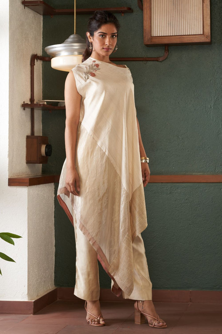 Natural Asymmetrical Silk Tussar Kurta with Linen Pants