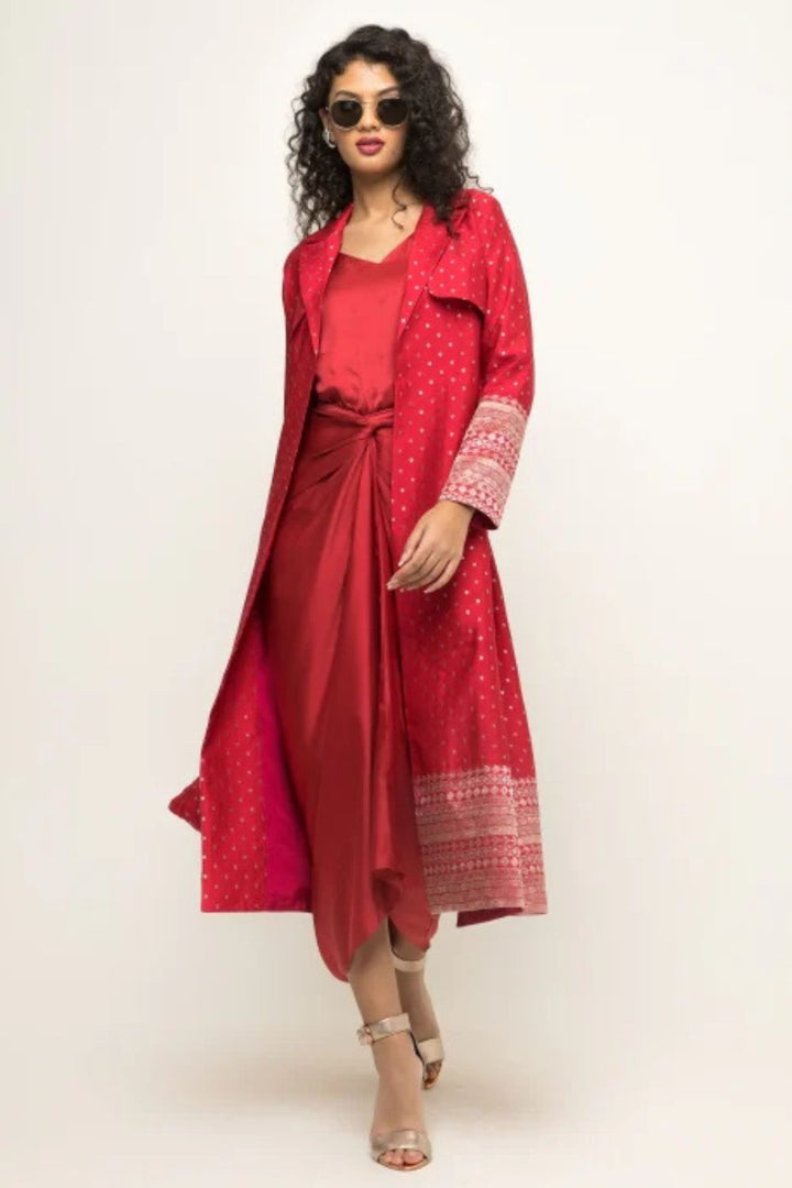 Alaya-Brocade Trench Jacket paired with matching twist Dress (Red)