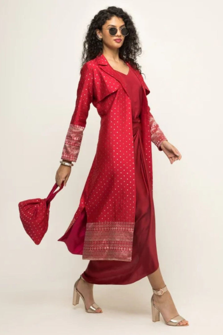 Alaya-Brocade Trench Jacket paired with matching twist Dress (Red)