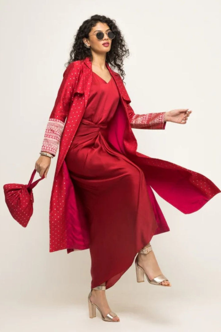 Alaya-Brocade Trench Jacket paired with matching twist Dress (Red)