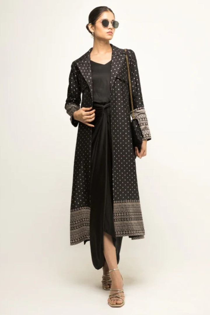 Alaya-Brocade Trench Jacket paired with matching twist Dress (Black)