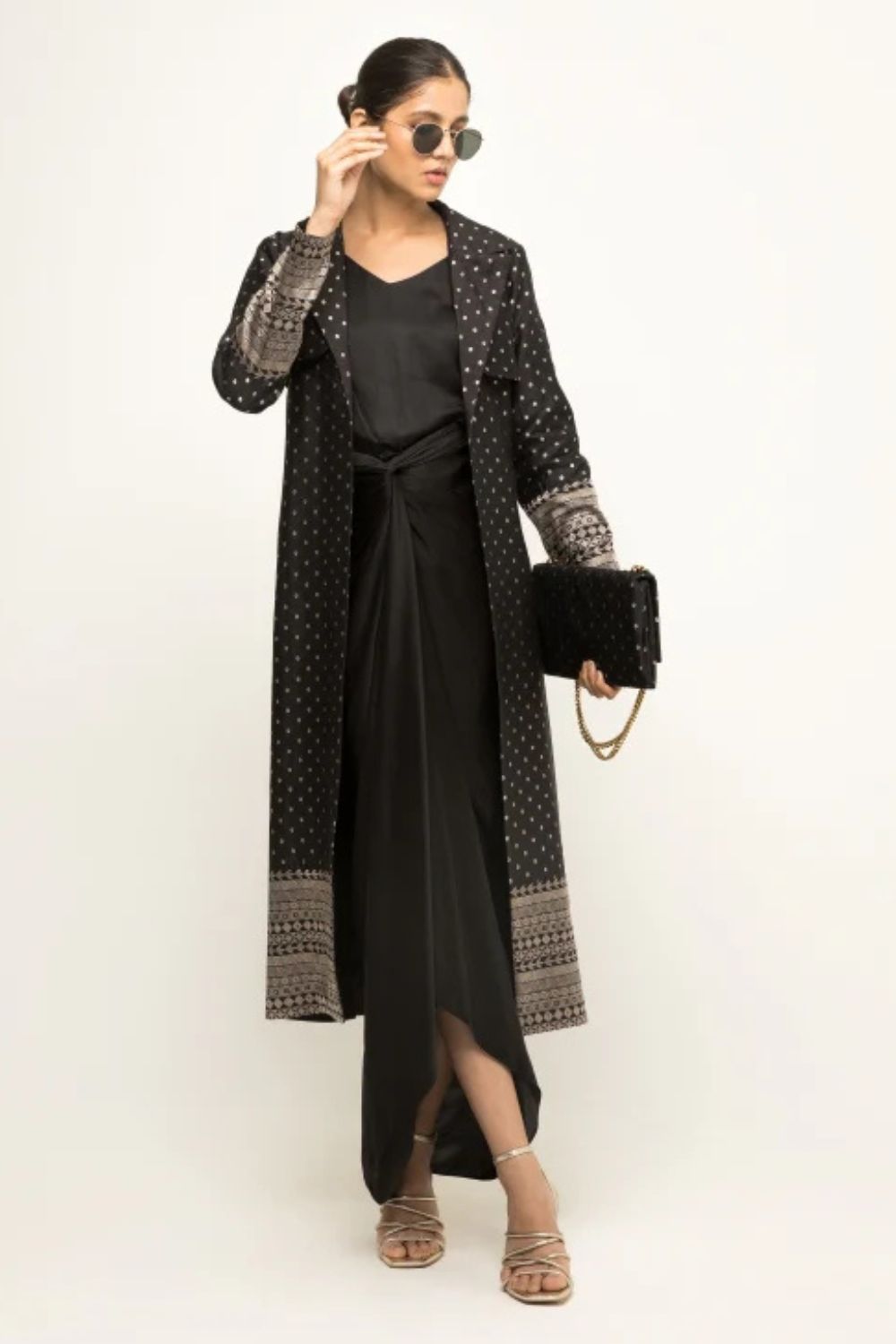 Alaya-Brocade Trench Jacket paired with matching twist Dress (Black)