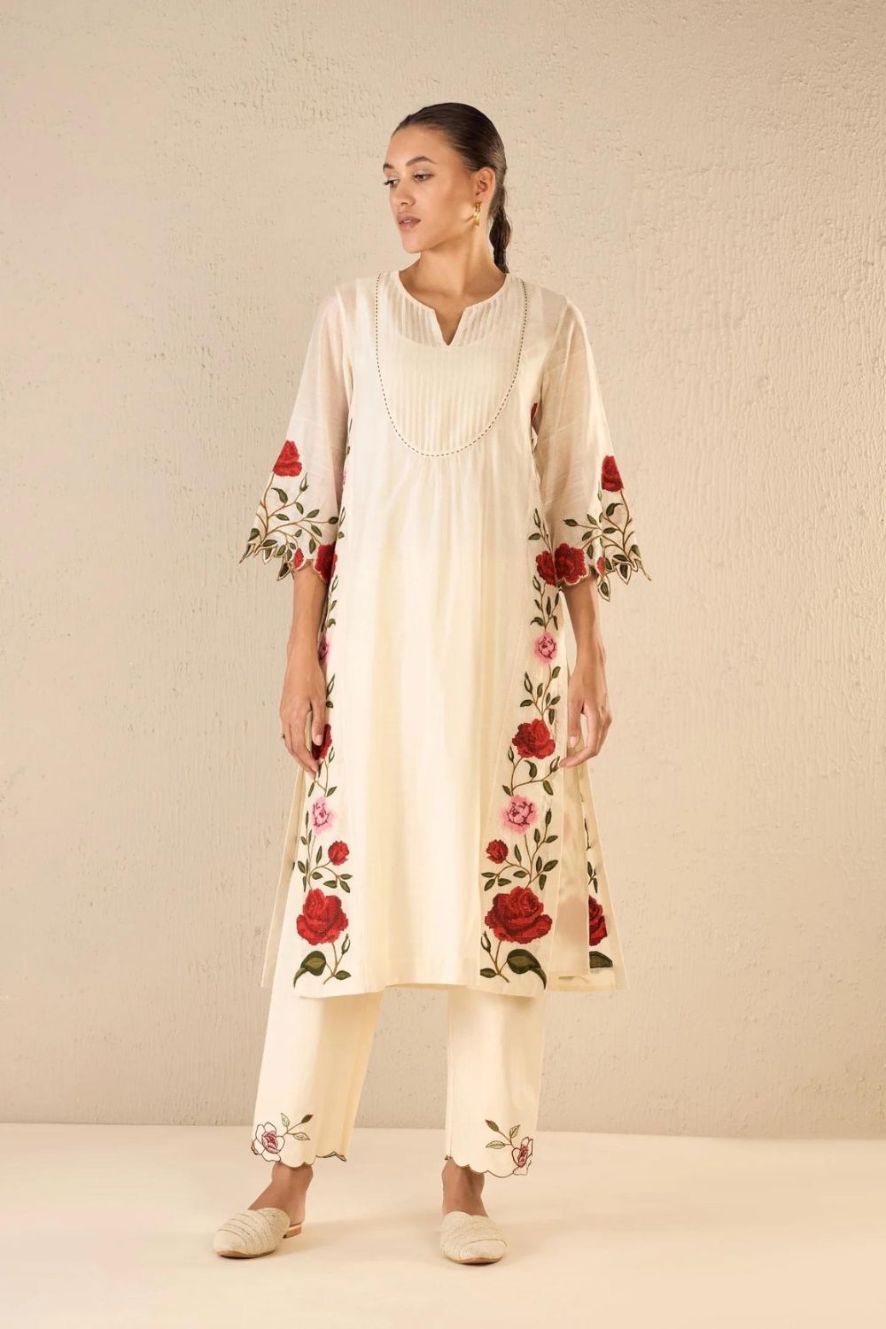 Rose Shine: Ivory Pink & Red Rose Embroidered Kali Kurta Set