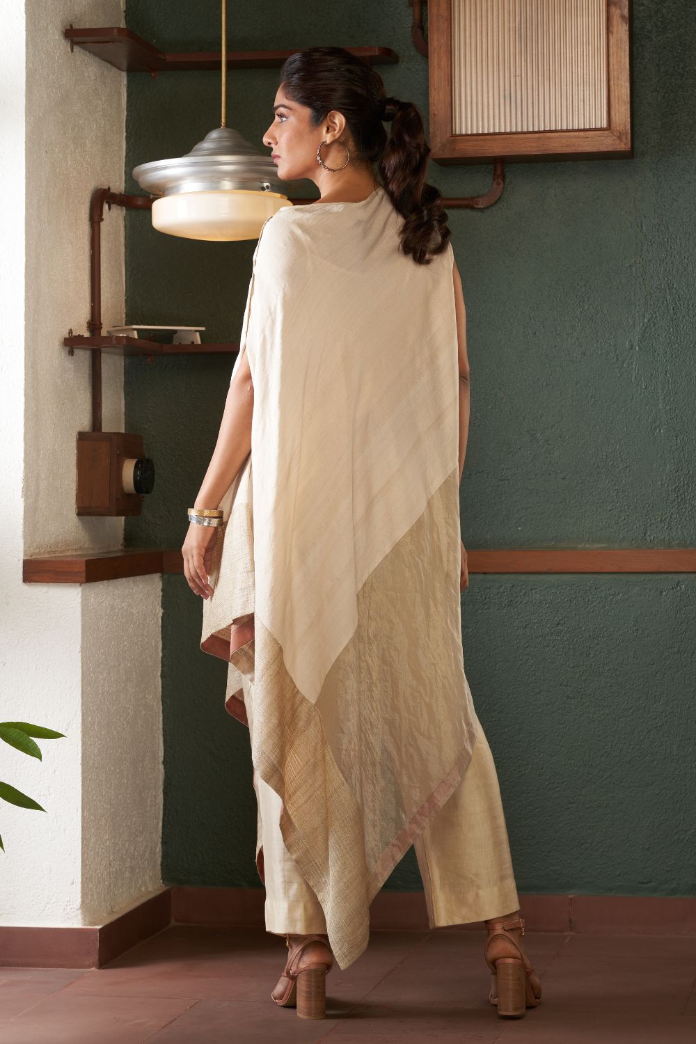 Natural Asymmetrical Silk Tussar Kurta with Linen Pants