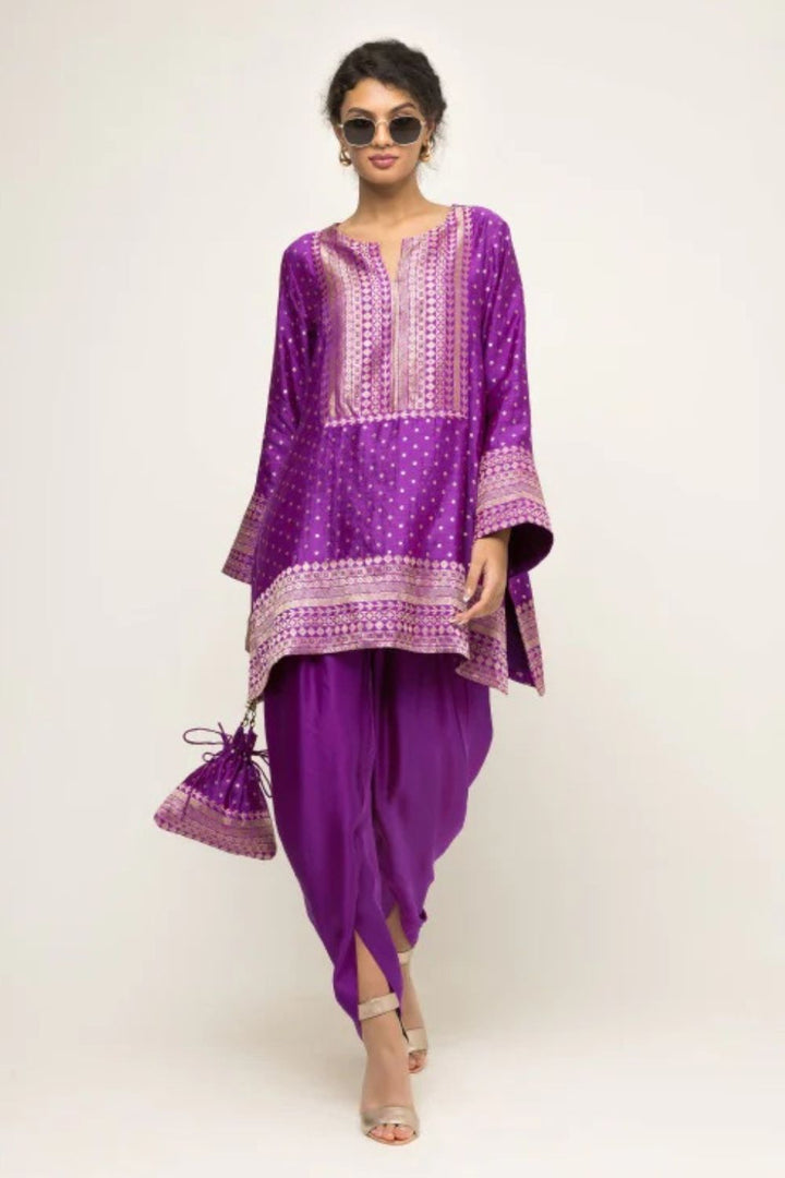 Tara-Dotted Brocade detail silk Kurta with Dhoti Set (Purple)