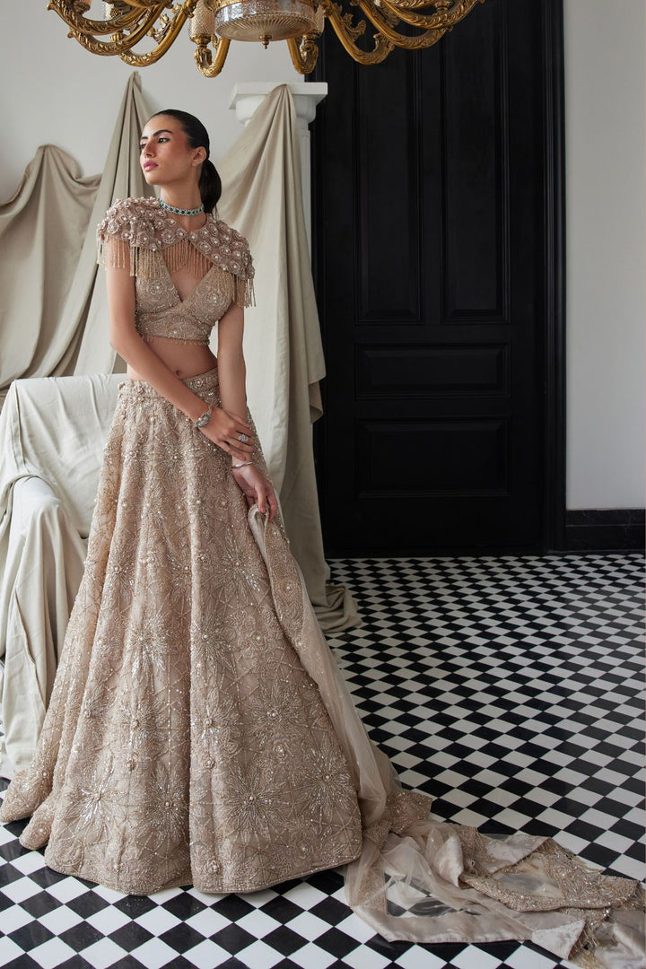 Beige Lehenga with an Embellished Shoulder Cape