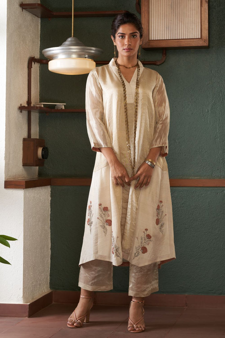 Natural Straight Silk Tussar Kurta with Linen Pants