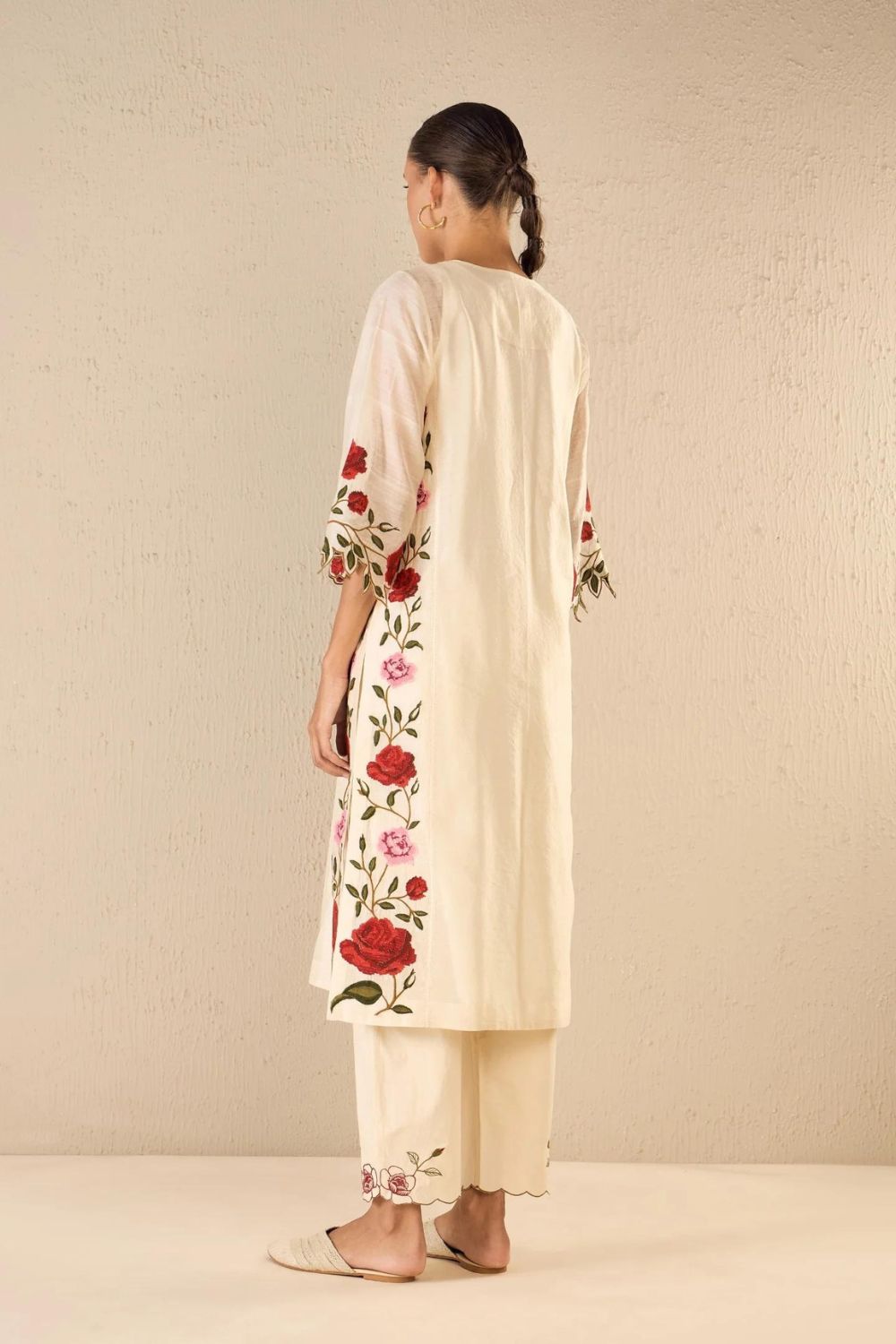 Rose Shine: Ivory Pink & Red Rose Embroidered Kali Kurta Set