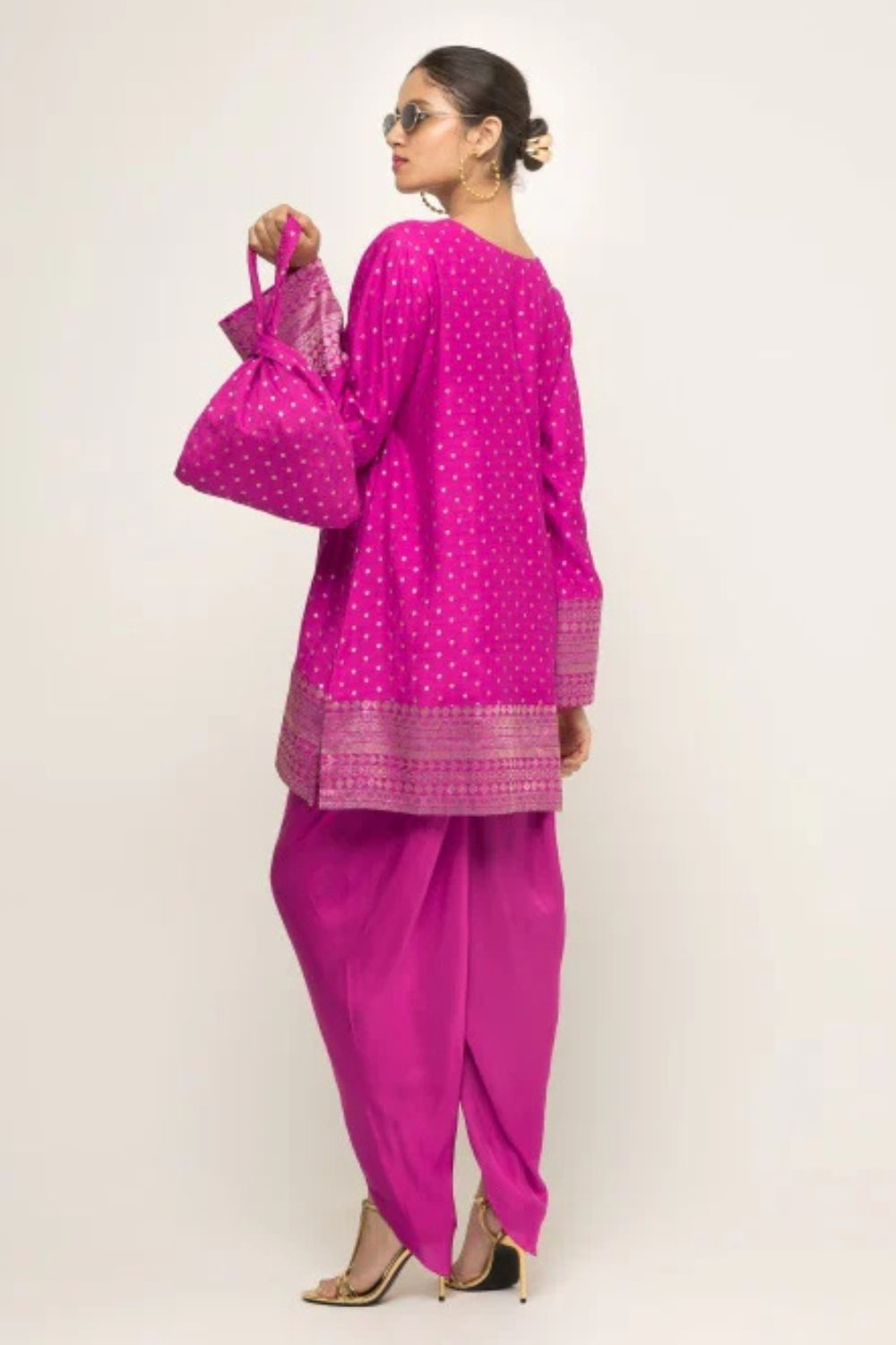 Tara-Dotted Brocade detail silk Kurta with Dhoti Set (Pink)