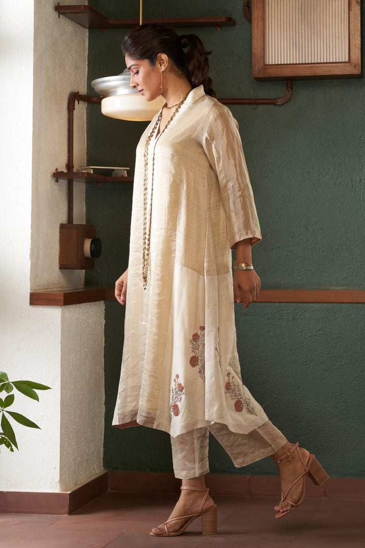 Natural Straight Silk Tussar Kurta with Linen Pants