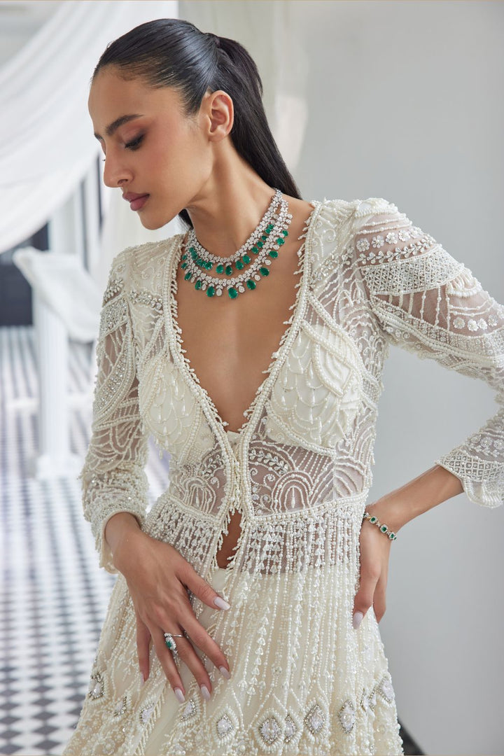 Ivory Pearl & Stone Embellished Jacket Gown Set