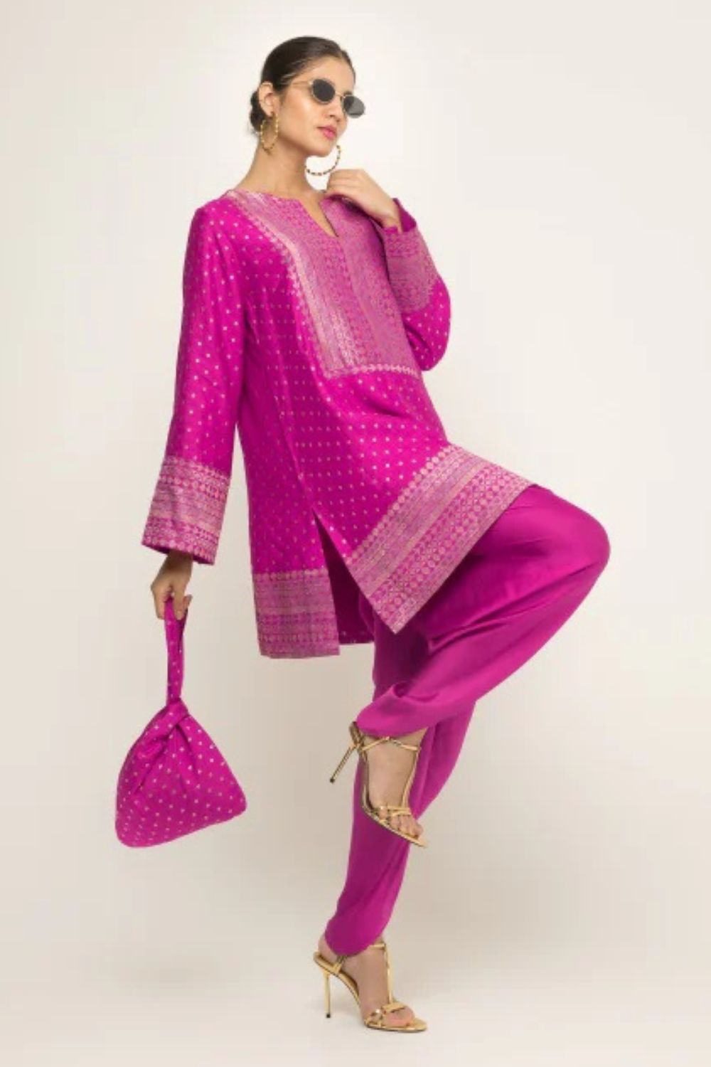 Tara-Dotted Brocade detail silk Kurta with Dhoti Set (Pink)