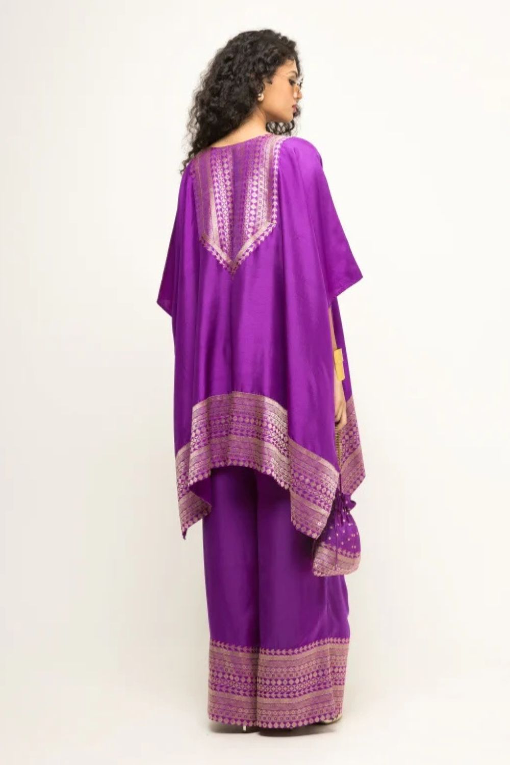 Triya-Asymmetrical Benerasi Silk Kurta & Pants set with brocade detail (Purple)