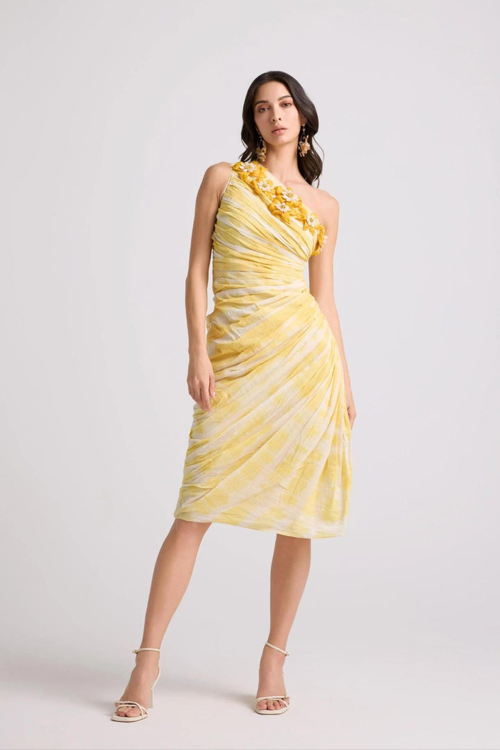 Yellow Tie-Dye Asymmetrical Ruched Dress