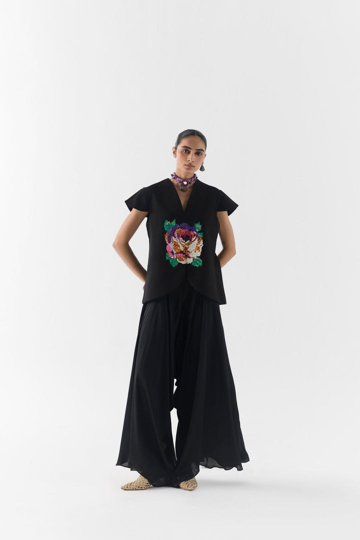 Black Garden Rose Vest and Dhoti Pants front view on model in floral occasion set