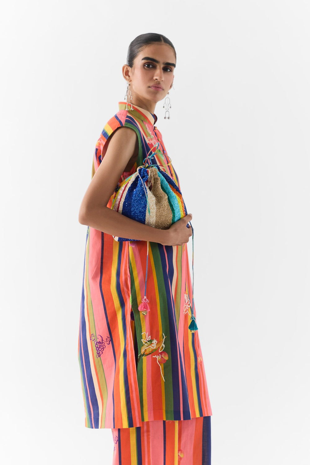Blue Barcode potli bag by Studiorigu, drawstring pouch handbag full view