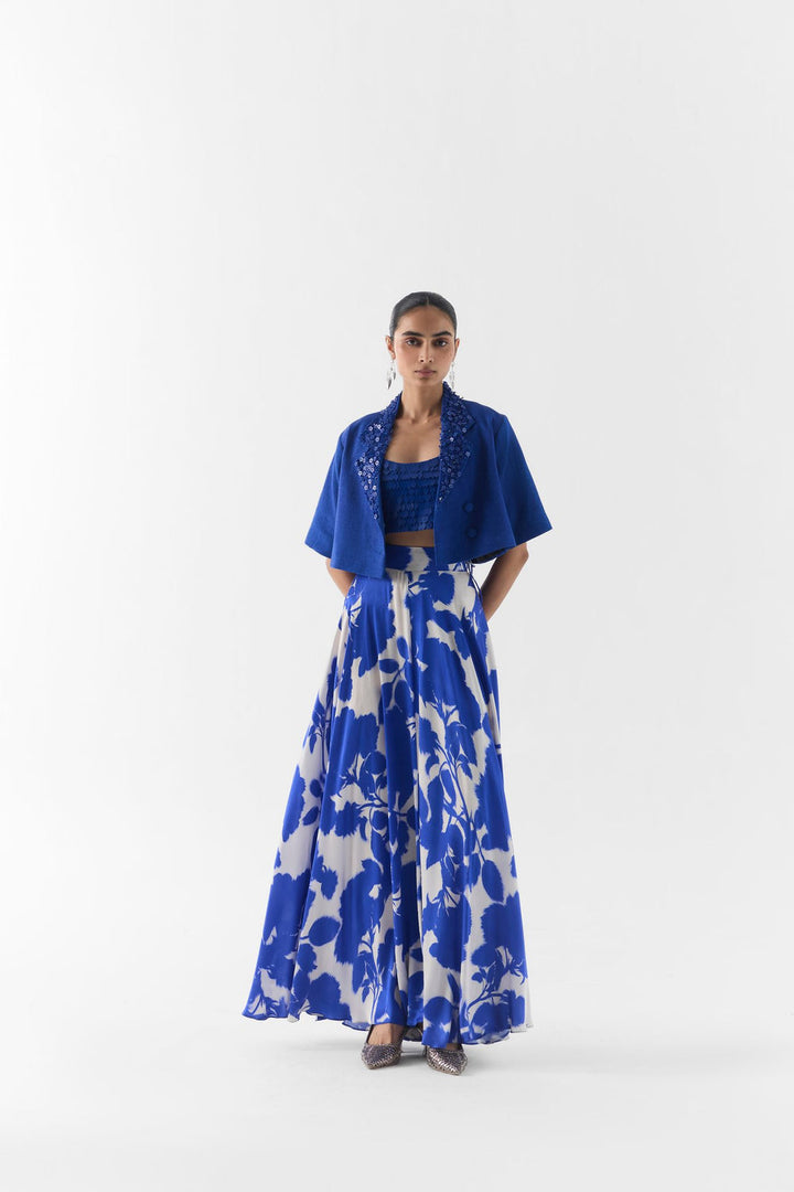 Blue Ink blazer front view on model, Studiorigu tailored printed jacket