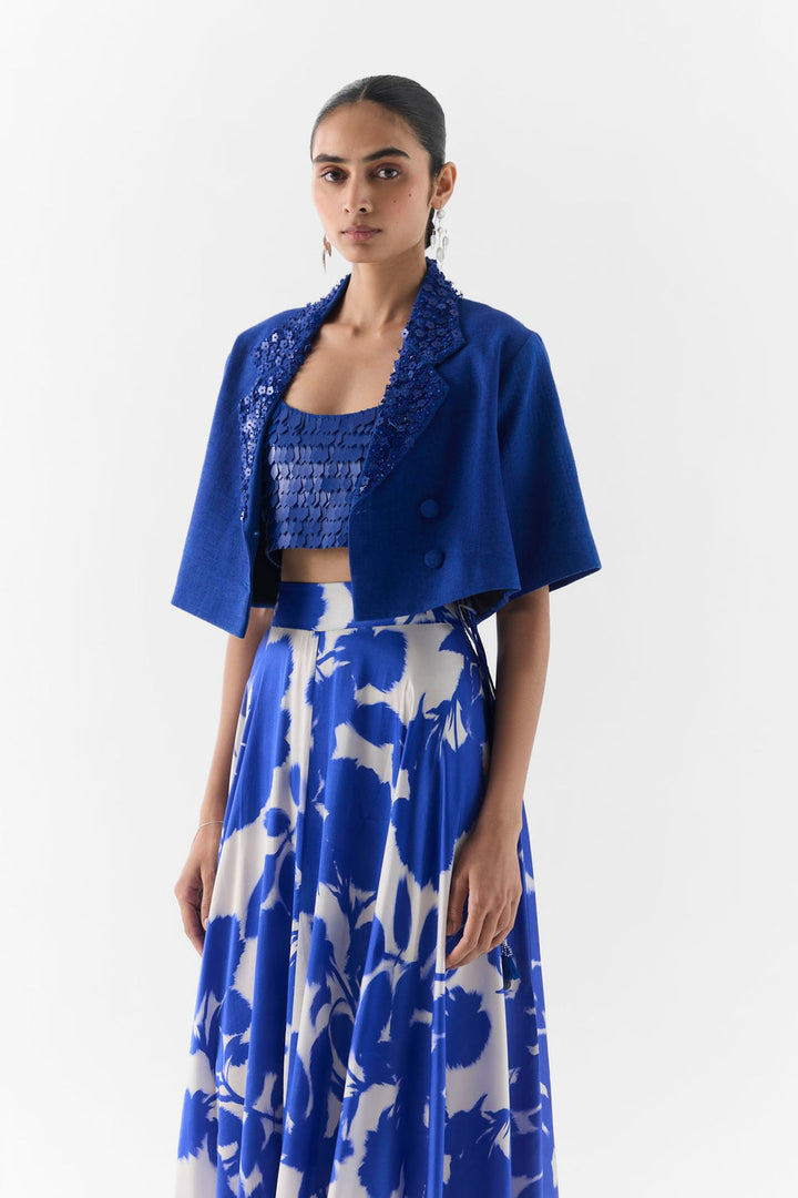 Side profile of Blue Ink blazer showing shoulder line and sleeve length
